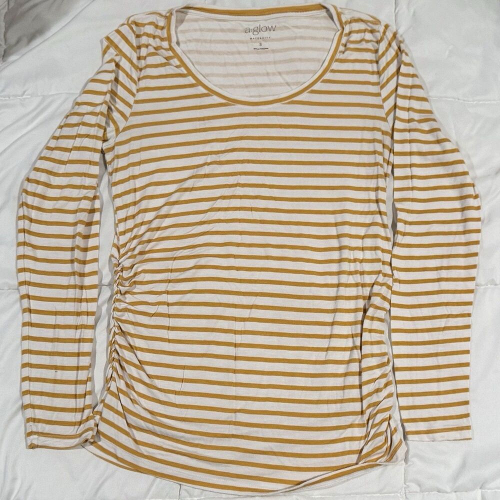 Aglow Maternity Yellow White Striped Rayon Top Shirt Sz Small Side Ruched Soft